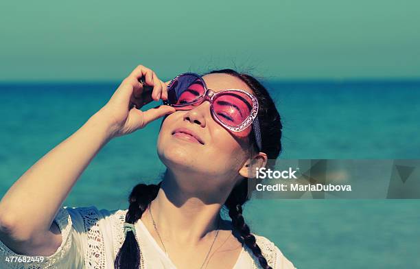 Beautiful Woman In Pink Sunglasses Stock Photo - Download Image Now - Adult, Adults Only, Beach