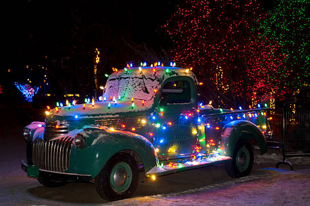 Christmas Lights on Old Chevy Truck stock photo