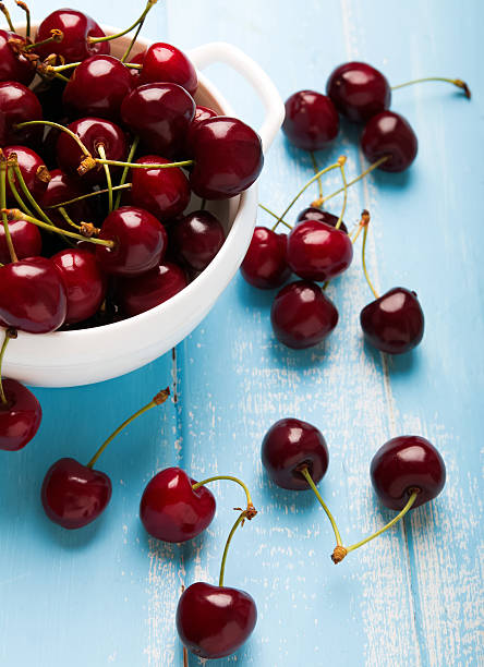 istock Cherries in a bowl on the blue wooden background 477685028