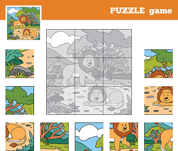 ilustrações, clipart, desenhos animados e ícones de quebra-cabeça de jogo para crianças com animais (leões - lions tooth