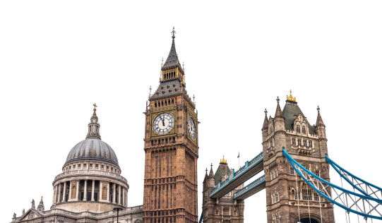 London landmarks on white background - Big Ben, St Paul's Cathedral and Tower Bridge (England, UK).