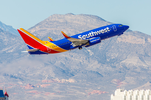 Las Vegas, NV, USA- November 3, 2014: Boeing 737 Southwest Airlines takes off from McCarran International Airport in Las Vegas, NV on November 3, 2014. Southwest is a major US airline and the world's largest low-cost carrier. It is the largest operator of the 737 worldwide. 