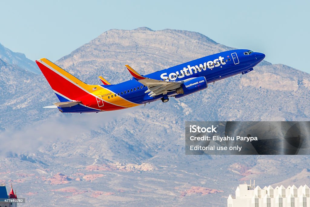 Boeing 737 Southwest Airlines takes off from McCarran International Airport Las Vegas, NV, USA- November 3, 2014: Boeing 737 Southwest Airlines takes off from McCarran International Airport in Las Vegas, NV on November 3, 2014. Southwest is a major US airline and the world's largest low-cost carrier. It is the largest operator of the 737 worldwide.  Southwest Airlines Stock Photo