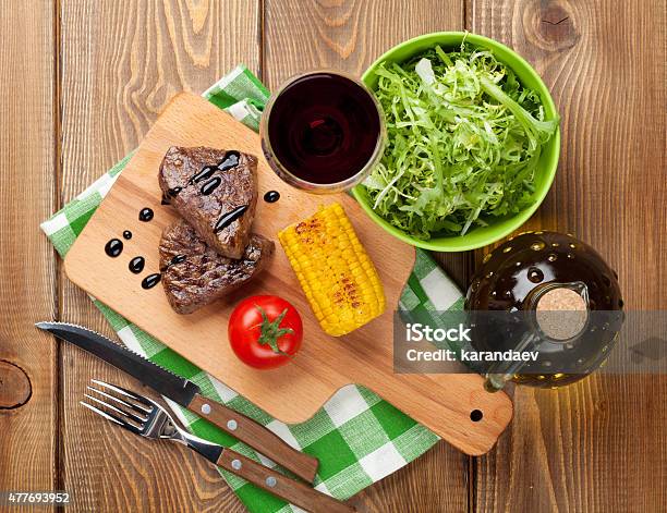 Steak With Grilled Corn Salad And Red Wine Stock Photo - Download Image Now - 2015, Above, Beef