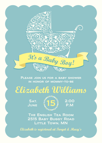 A cute lacy style baby buggy (pram / stroller / carriage) is decorated with baby birds and swirls of vines and flowers. A scalloped border completes this modern baby boy shower invitation. Please check my portfolio for more like this.