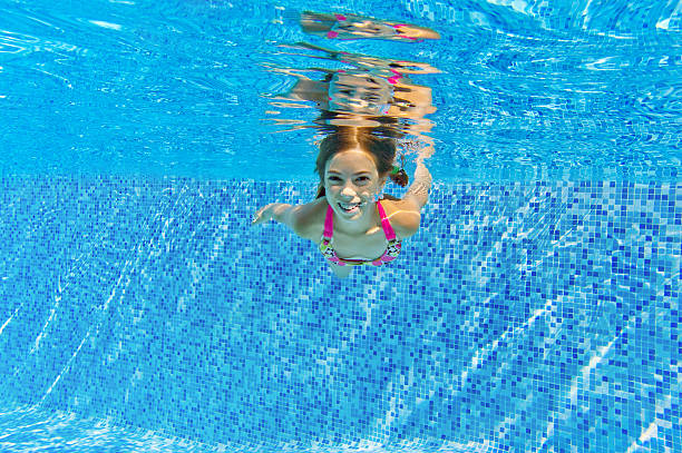 istock Happy active girl swims underwater in pool 477694071