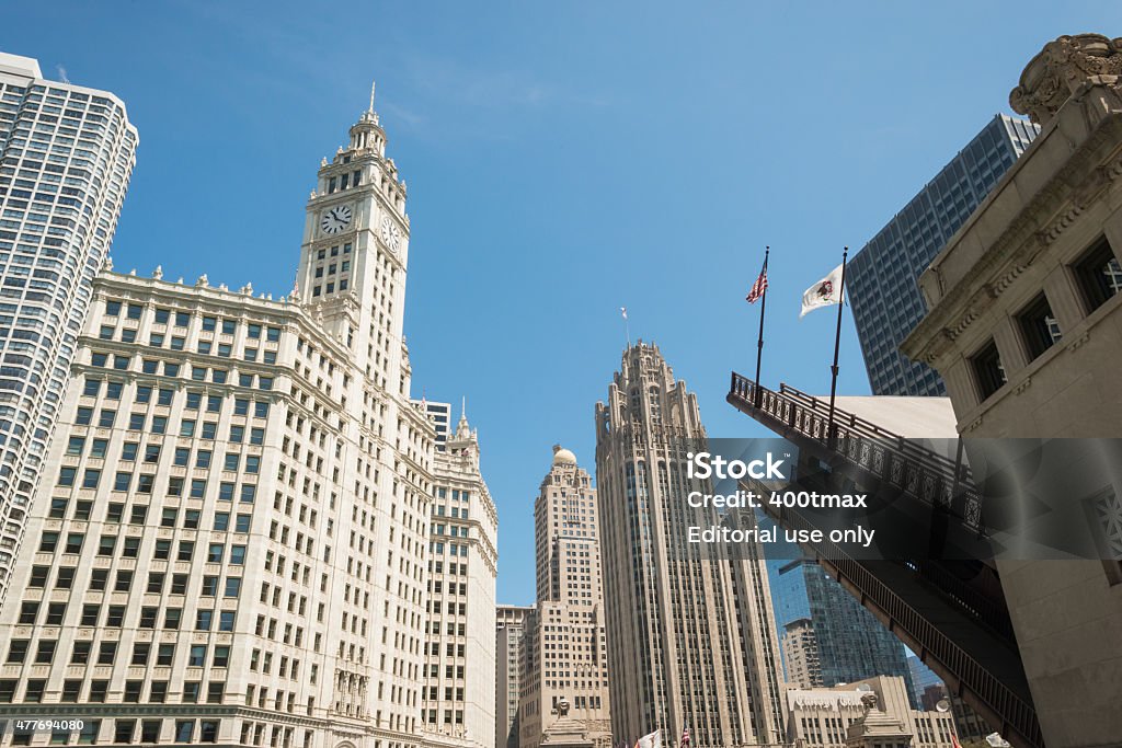 The Iconic Dusable Bridge Chicago, USA - June 6, 2015: The iconic Dusable Street bridge on Michigan avenue going up on the Chicago Riverwalk for the boat run mid day. 2015 Stock Photo