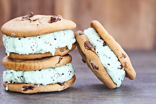 Chocolate chip mint ice cream cookie sandwiches. Extreme shallow depth of field with selective on cookies.