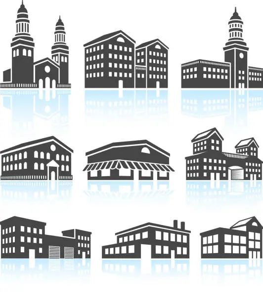 Vector illustration of Commercial Buildings Black & White Set