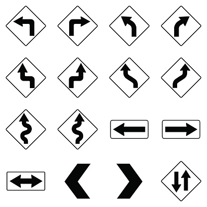 Set of black road traffic arrow signs on white background. Vector 