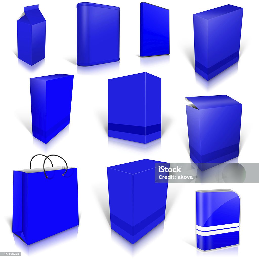 Ten blue blank boxes isolated on white Ten blue blank boxes isolated on white background ready to be personalized by you. Blank Stock Photo