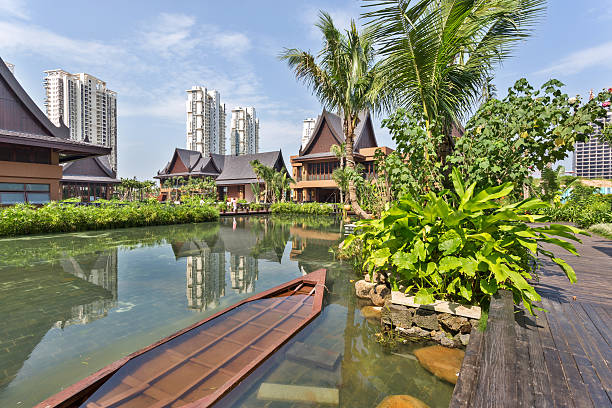 istock boat stop in water with resort building exterior 477695947