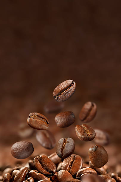 grãos de café torrados caindo - roasted macro freshness vertical - fotografias e filmes do acervo