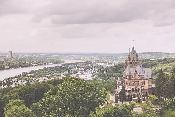 Schloss Drachenburg, Dragon Castle in english, with city of Bonn in background and all the Rhine valley.