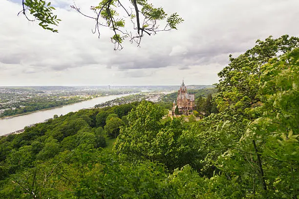 Schloss Drachenburg, Dragon Castle in english, with city of Bonn in background and all the Rhine valley.