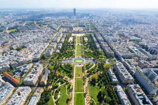 View of Champ de Mars from the Eiffel Tower in Paris, France