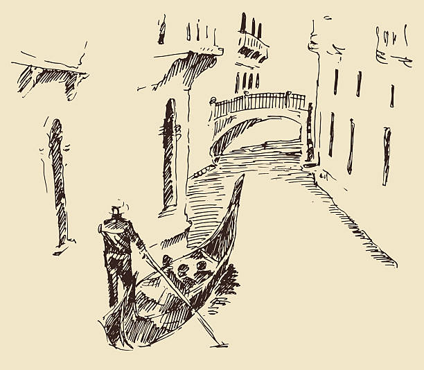 illustrations, cliparts, dessins animés et icônes de les rues de venise italie avec gondole vintage gravé - gondolier