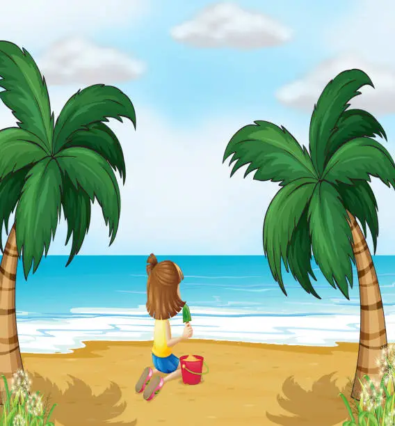 Vector illustration of little girl playing at the beach alone
