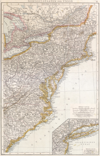 Old map of north-eastern part of USA, scanned from Andrees Handatlas, Bielefeld und Leipzig, 1890., second edition. Inlet shows New York region.
