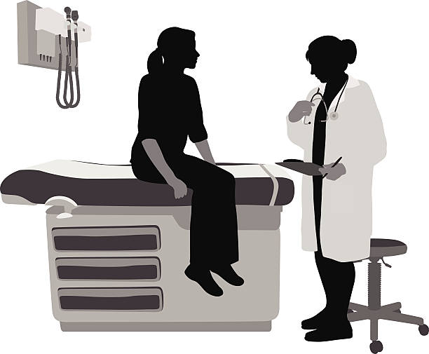 Woman Doctor A vector silhouette illustration of a female doctor assessing the symptoms of a young female patient. doctor patient stock illustrations