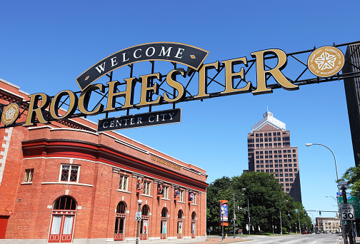Rochester, New York, USA - June 6, 2015: Daytime view of the Downtown Rochester welcome sign on Clinton Avenue