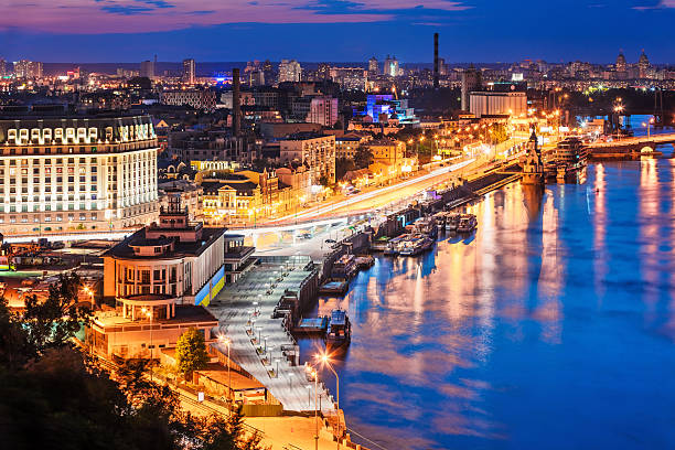 Evening aerial scenery of Kyiv, Ukraine Scenic summer evening aerial view of Dnieper river pier and port in Kyiv, Ukraine. See also: dnieper river stock pictures, royalty-free photos & images