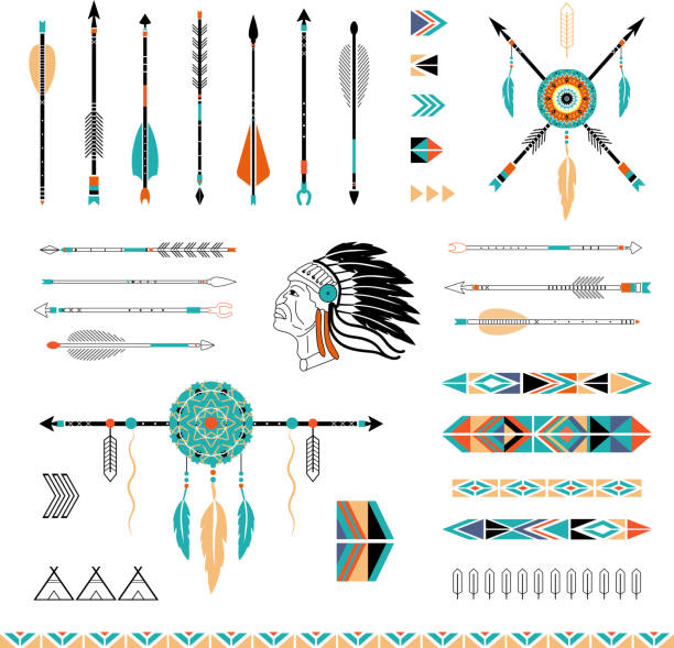 illustrazioni stock, clip art, cartoni animati e icone di tendenza di indiano, aztec frecce, tepee e decorazioni - indian symbol