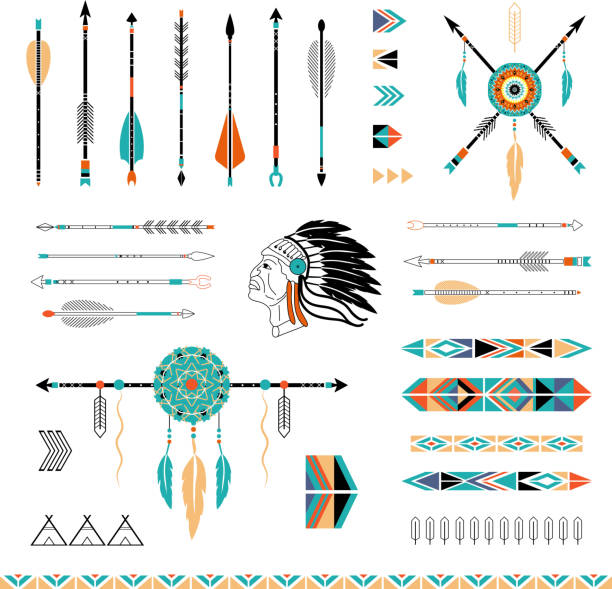 Indian, Aztec arrows, teepees and embellishments vector art illustration