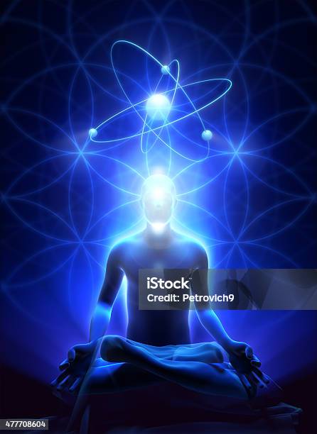 Sacral Geometry And Meditation Of Man Stock Photo - Download Image Now - Aura, Spirituality, Chakra