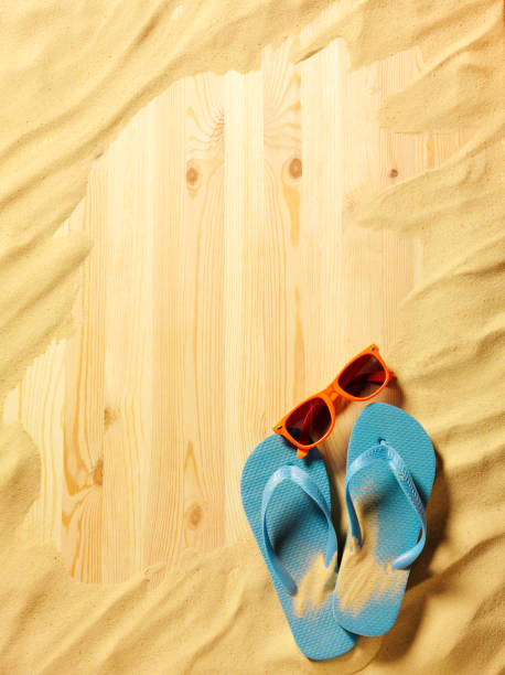 istock Sandy Beach with Flip Flops and Sunglasses 477710383