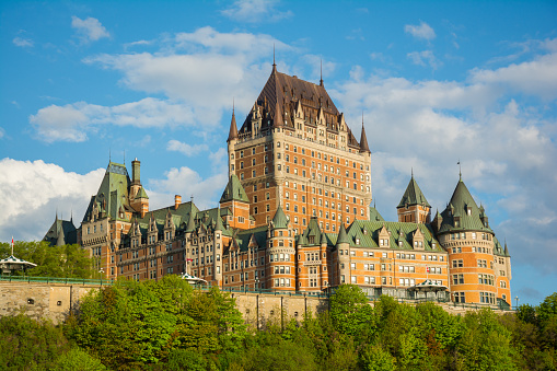 Chateau Frontenac a historic hotel and landmark in Quebec city, Canada, a UNESCO World Heritage site. Shot at sunrise