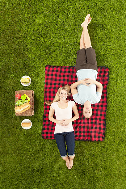 istock Happy couple lying on a picnic blanket looking up 477711175