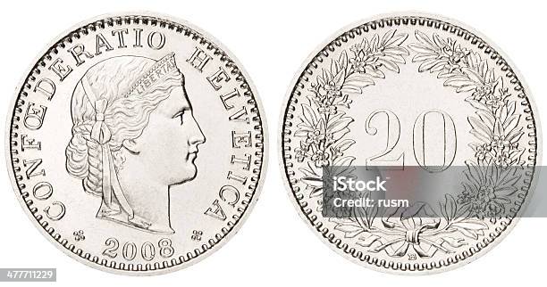 Swiss Venti Centimes Moneta Su Sfondo Bianco - Fotografie stock e altre immagini di Anno 2008 - Anno 2008, Argentato, Argento