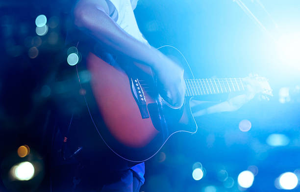 istock Guitarist on stage grunge background, soft and blur concept 477711408