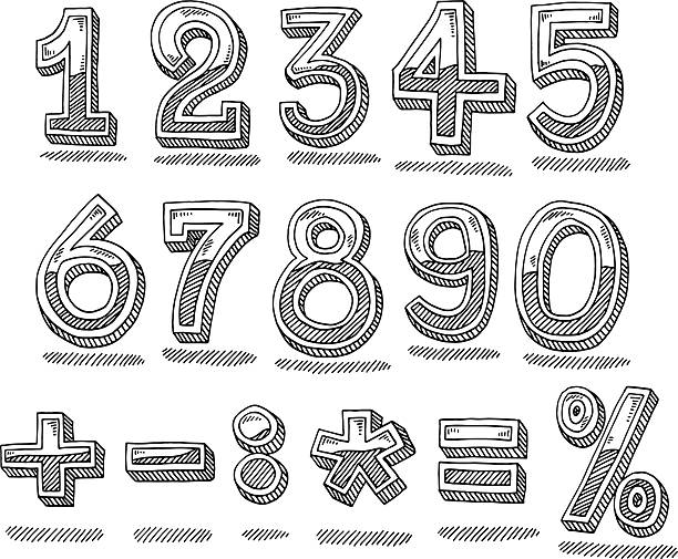 illustrazioni stock, clip art, cartoni animati e icone di tendenza di disegnati a mano set di numeri chrome - equal sign immagine