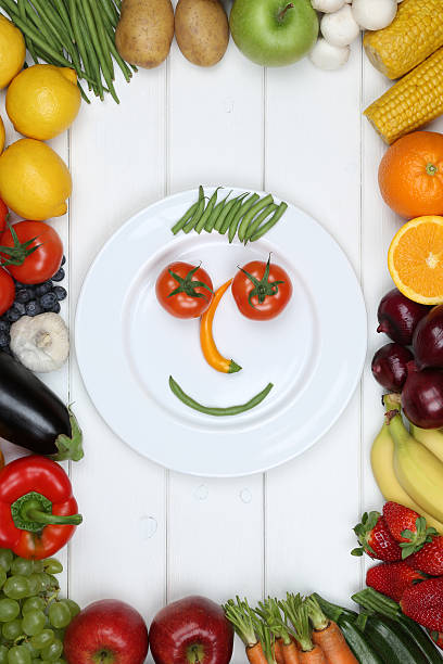 istock Smiling face from vegetables and fruits on plate 477713606