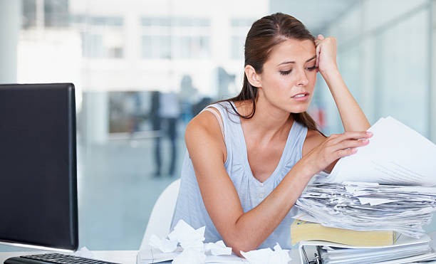 企業のブルー - paperwork emotional stress women document ストックフォトと画像
