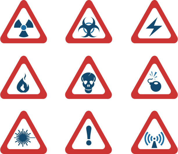 треугольные дорожный знак опасности символы - toxic waste vector biohazard symbol skull and crossbones stock illustrations