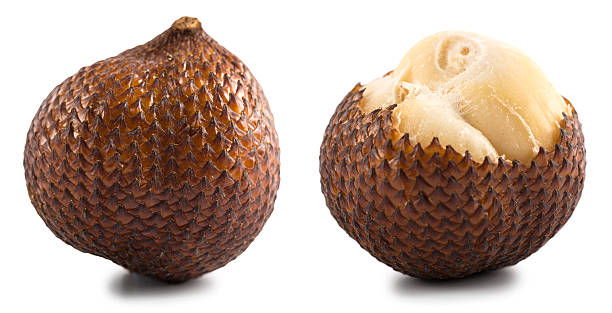 Front view of two salak fruits, commonly named 'Snake fruit', isolated on a white background with a nice natural shadow. The files comes with a clipping path to select the fruits and use them as a design element.