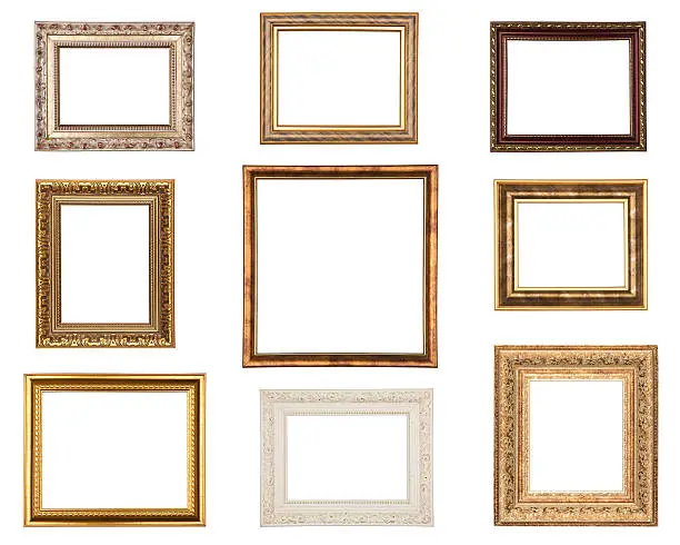 nine vintage golden frames on white background
