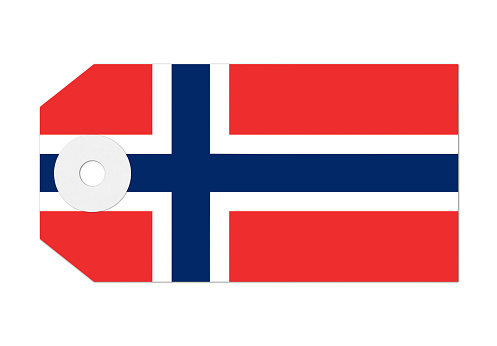 Norwegian flag label or luggage tag on white with a soft shadow. Flag of Norway.