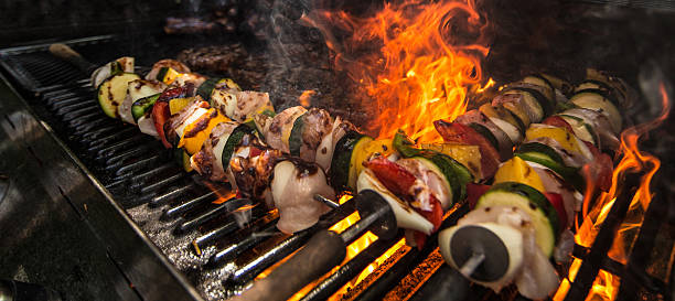 Kebabs burgers flame stock photo