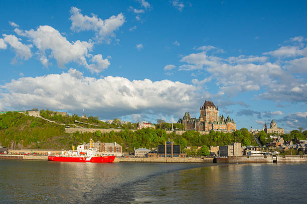 Skyline of Quebec city (a UNESCO World Heritage site) shot from saint Lawrence river including the Citadel and Chateau Frontenac a historic hotel and landmark in Canada.