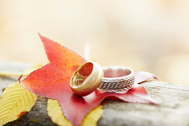 istock Wedding rings on autumn leaves 477720165