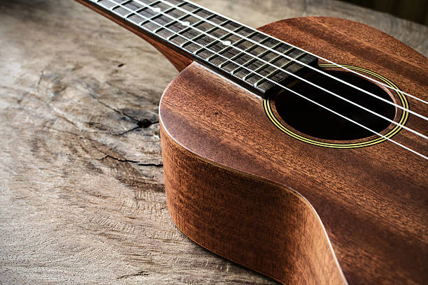 istock Close up of ukulele on old wooden background 477721182