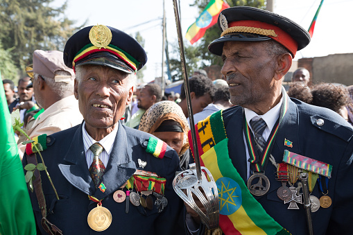 Addis Ababa, Ethiopia - March 2, 2015: Decorated war veterans attends the celebrations of the 119th Anniversary of the Ethiopian Army's victory over the invading Italian forces in the 1896 battle of Adwa. 