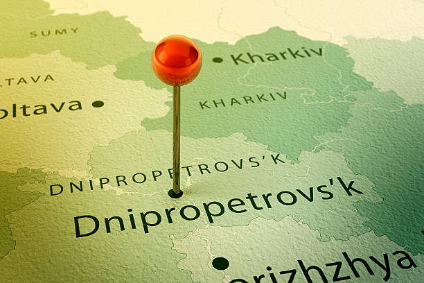 Dnipropetrovsk Map City Straight Pin Vintage 3D Render of a Straight Pin at the Position of the City of Dnipropetrovsk on a Map of Ukraine. Vintage Color Style. Very high resolution available! dnipropetrovsk stock pictures, royalty-free photos & images