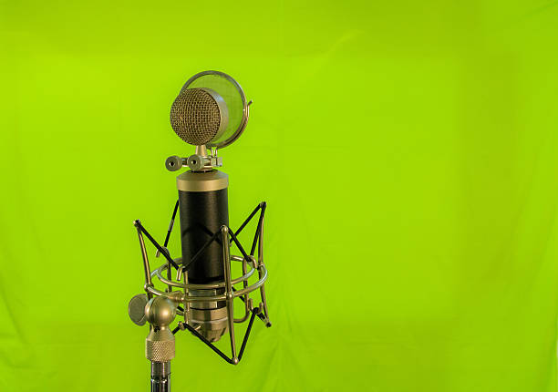 istock Vocal condenser microphone with wind screen isolated on green background 477721886