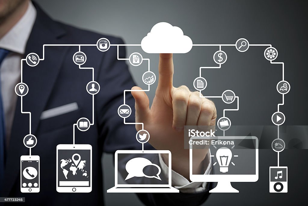 Pushing touch cloud button Businessman pushing touch cloud button Adult Stock Photo
