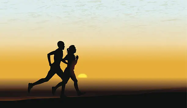 Vector illustration of Interracial Heterosexual Couple Jogging, Fitness, Exercise Background